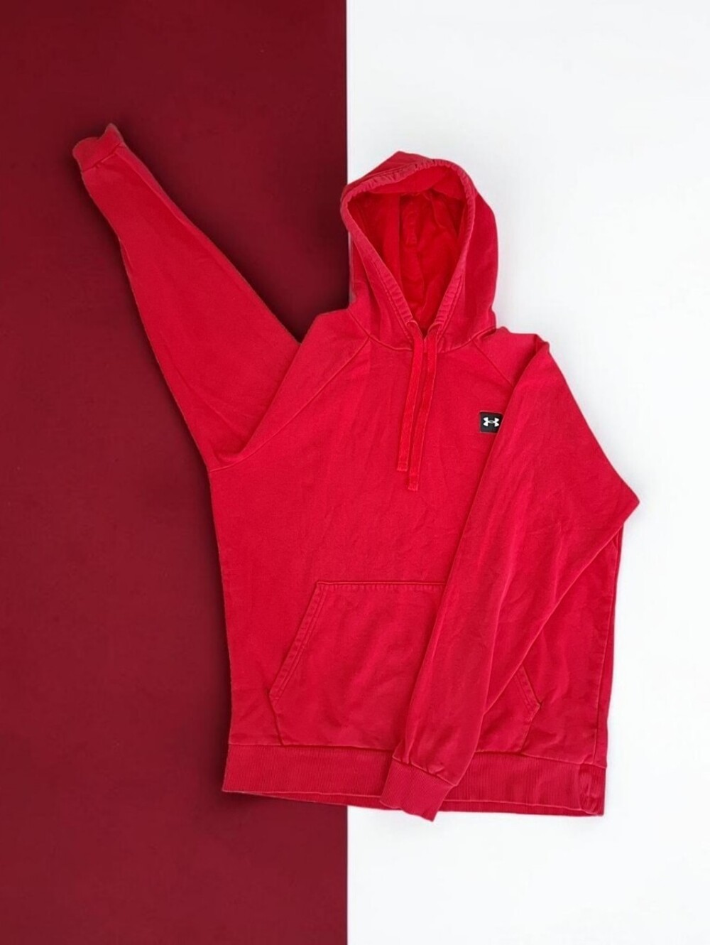 Under Armour ColdGear Red Solid Fleece Pullover Hooded Hoodie Pockets Men M
